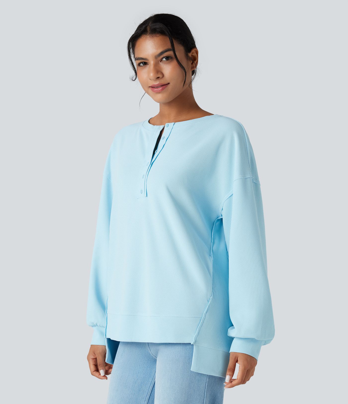 Henley Long Sleeve Waffle Oversized Casual Sweatshirt with Pockets