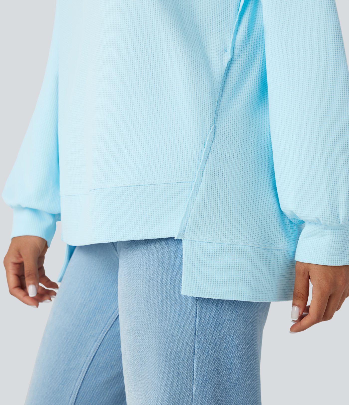 Henley Long Sleeve Waffle Oversized Casual Sweatshirt with Pockets