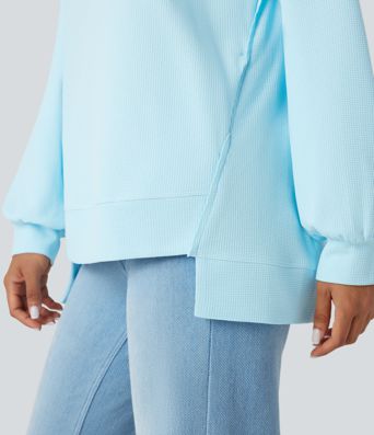 Henley Long Sleeve Waffle Oversized Casual Sweatshirt with Pockets