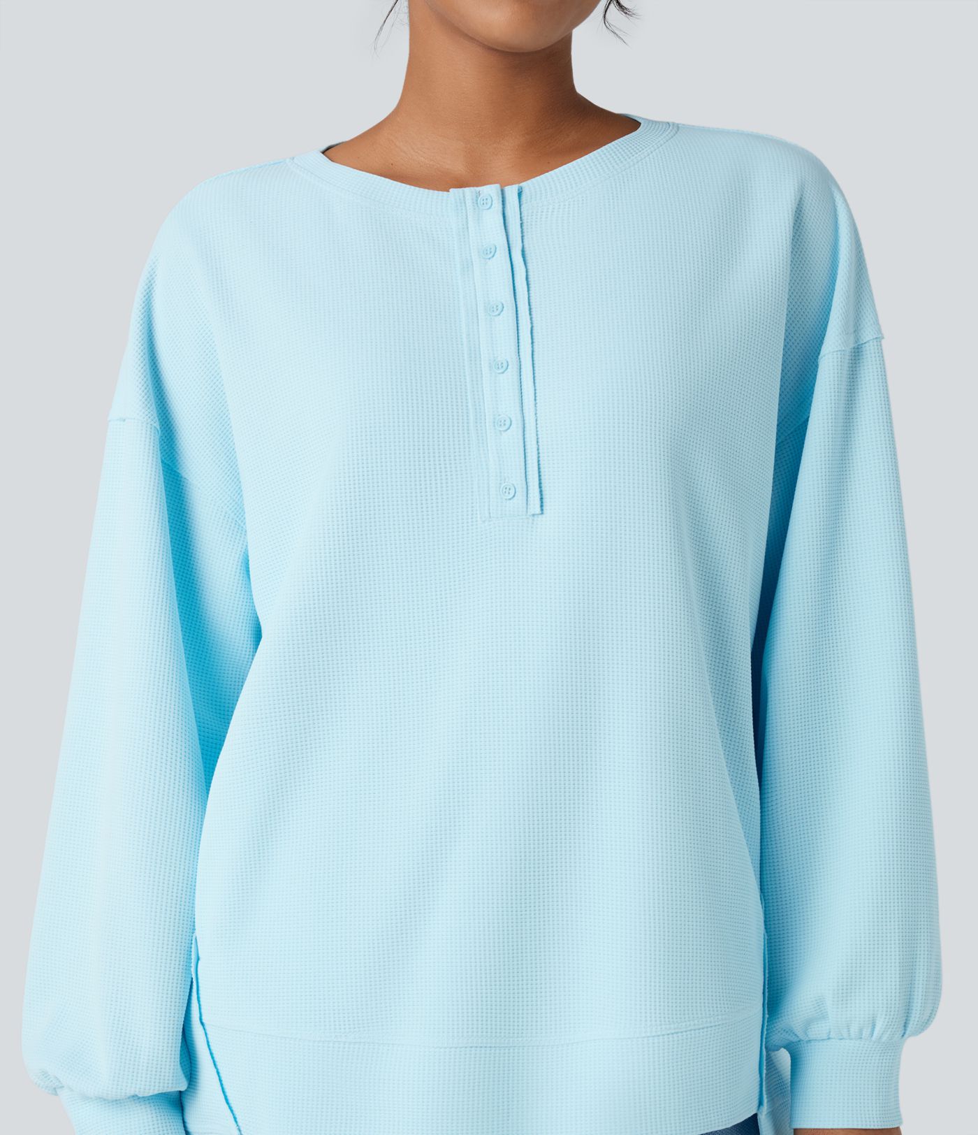 Henley Long Sleeve Waffle Oversized Casual Sweatshirt with Pockets