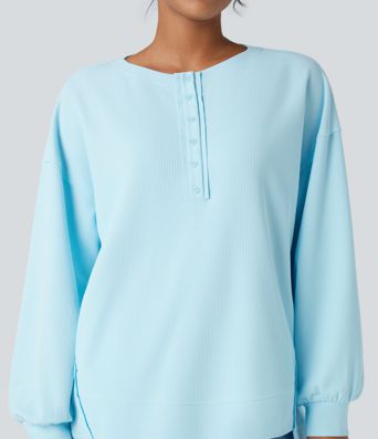 Henley Long Sleeve Waffle Oversized Casual Sweatshirt with Pockets