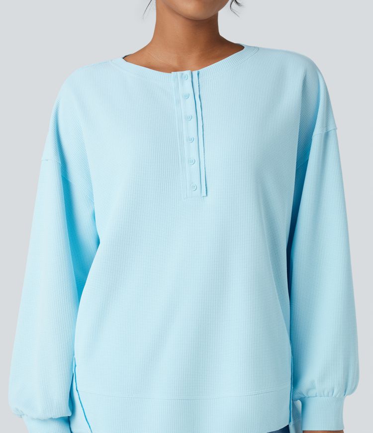 Henley Long Sleeve Waffle Oversized Casual Sweatshirt with Pockets