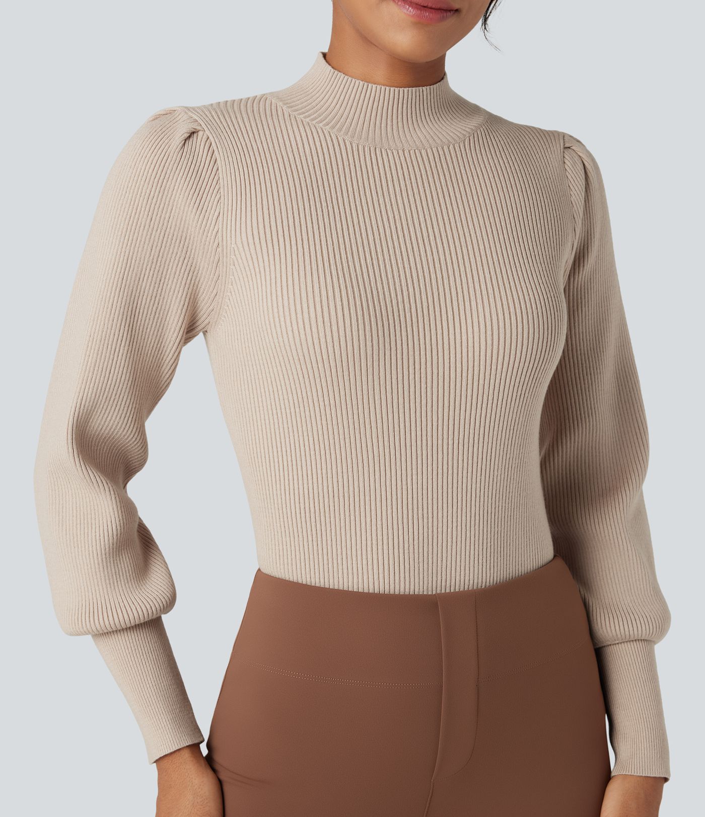 Mock Neck Puff Long Sleeve Casual Sweater