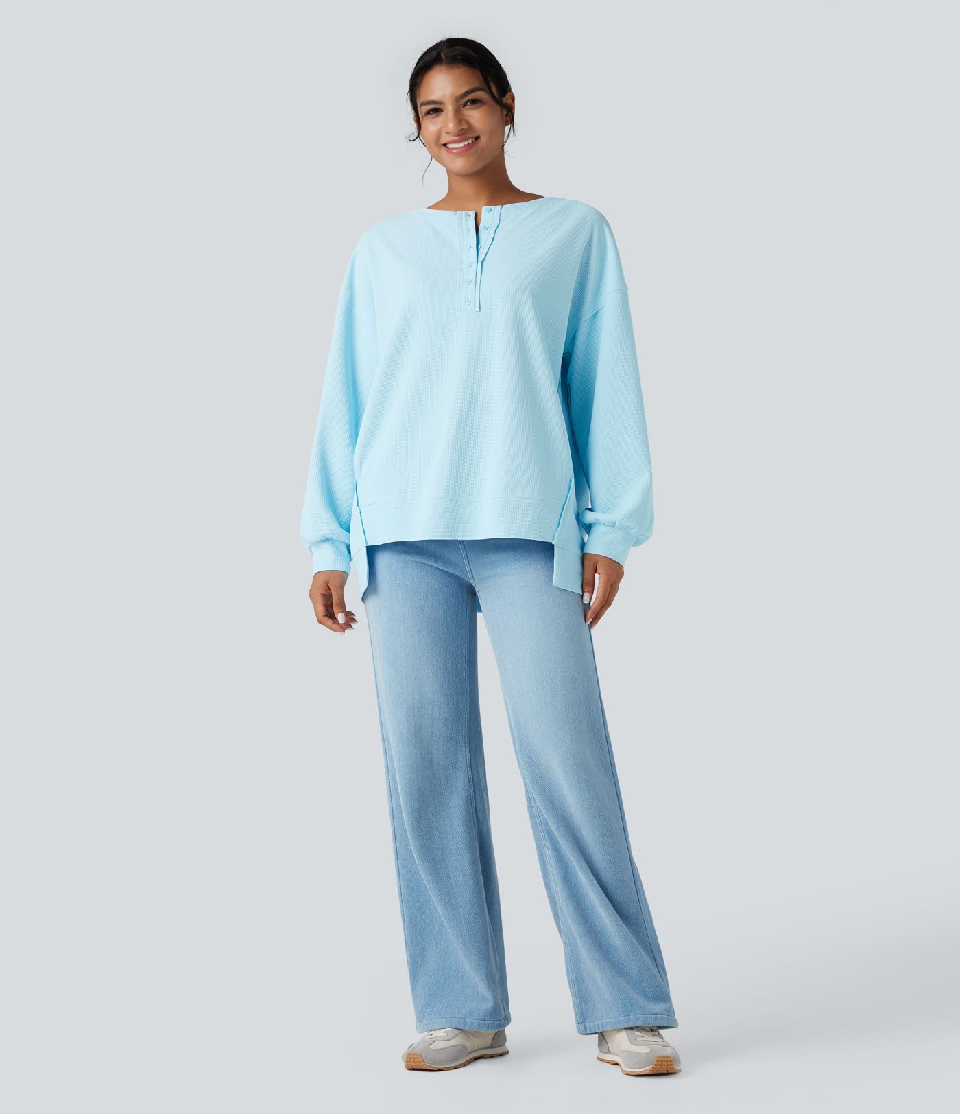 Henley Long Sleeve Waffle Oversized Casual Sweatshirt with Pockets