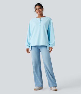 Henley Long Sleeve Waffle Oversized Casual Sweatshirt with Pockets