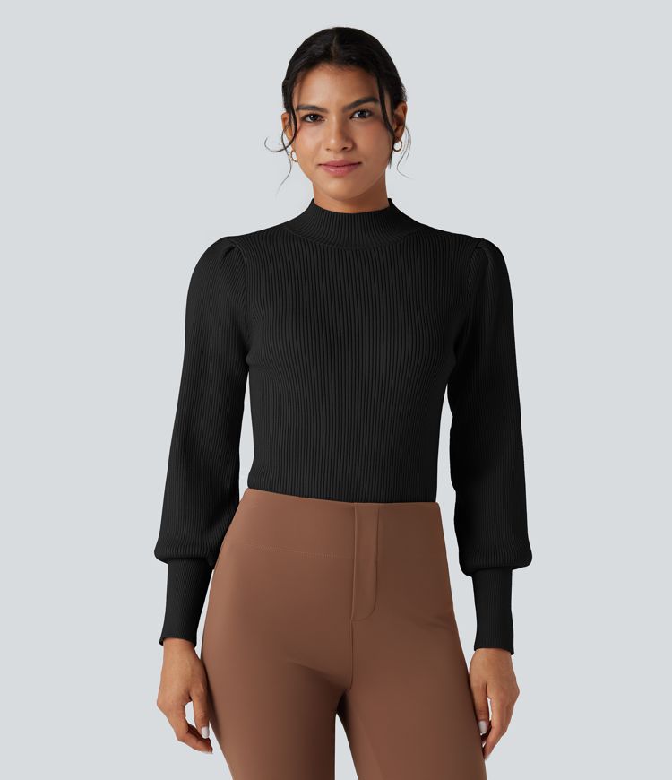 Mock Neck Puff Long Sleeve Casual Sweater