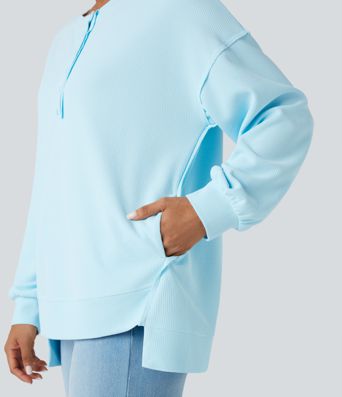 Henley Long Sleeve Waffle Oversized Casual Sweatshirt with Pockets