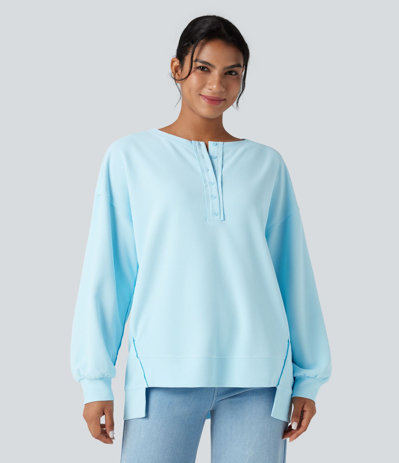 Henley Long Sleeve Waffle Oversized Casual Sweatshirt with Pockets