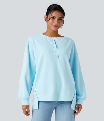 Henley Long Sleeve Waffle Oversized Casual Sweatshirt with Pockets