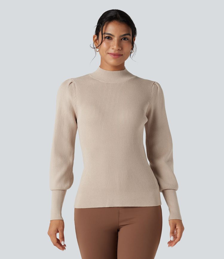 Mock Neck Puff Long Sleeve Casual Sweater