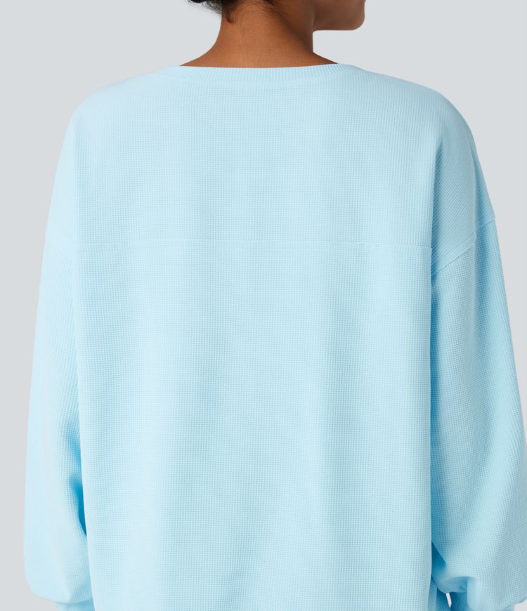 Henley Long Sleeve Waffle Oversized Casual Sweatshirt with Pockets