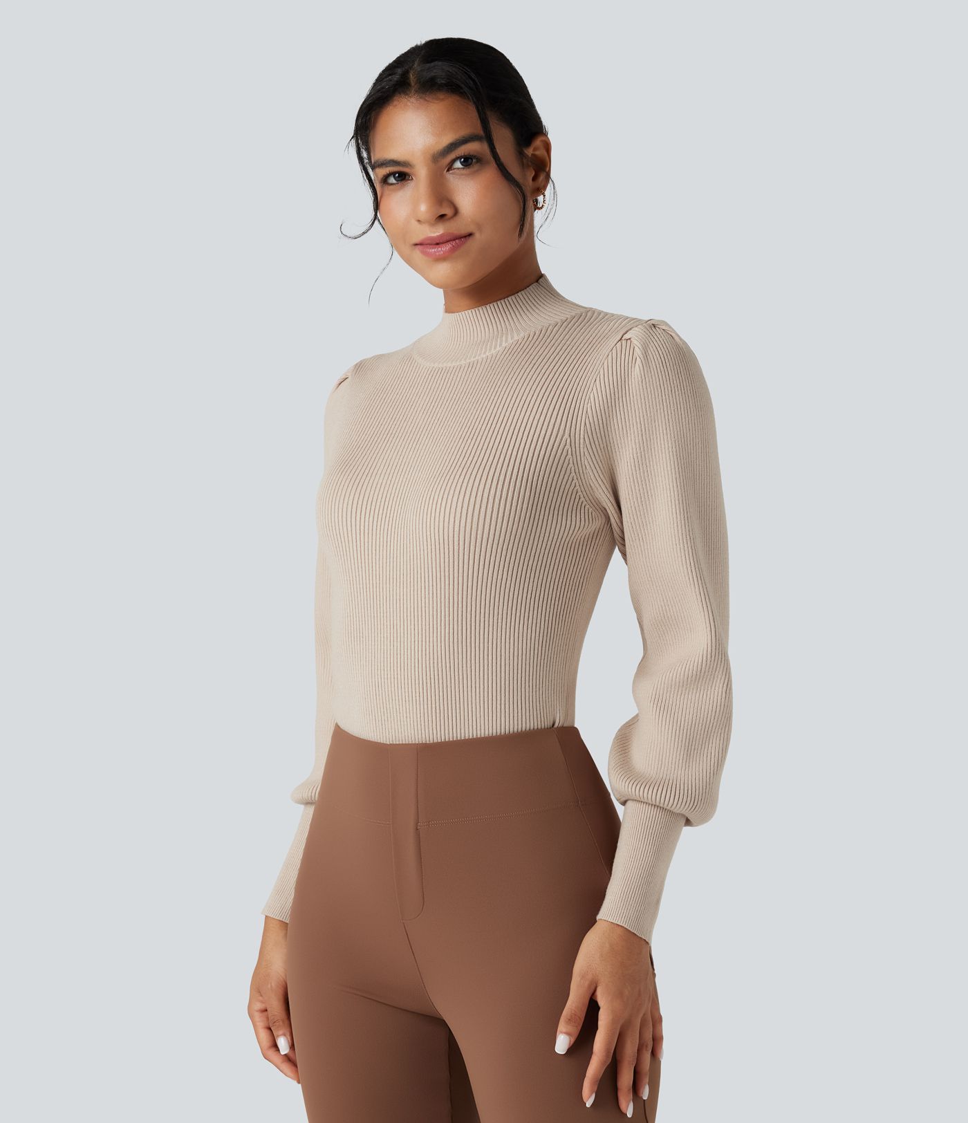 Mock Neck Puff Long Sleeve Casual Sweater