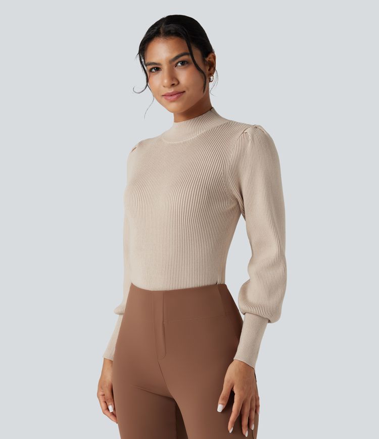 Mock Neck Puff Long Sleeve Casual Sweater