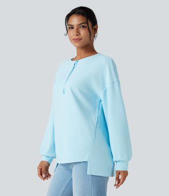 Henley Long Sleeve Waffle Oversized Casual Sweatshirt with Pockets