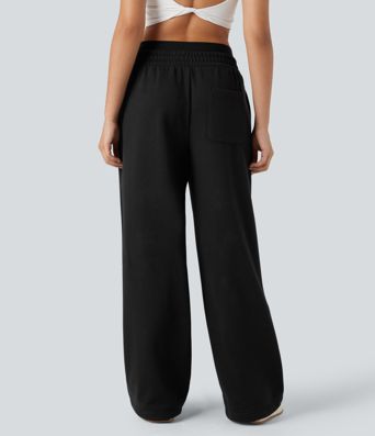 Double Waistband High Waisted Tummy Control Color Block Fleece Casual Wide Leg Trousers with Pockets Double Waistband High Waisted Tummy Control Color Block Fleece Casual Wide Leg Trousers with Pockets