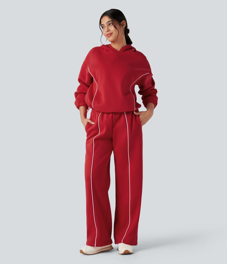 Double Waistband High Waisted Tummy Control Color Block Fleece Casual Wide Leg Pants with Pockets