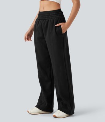 Double Waistband High Waisted Tummy Control Color Block Fleece Casual Wide Leg Trousers with Pockets Double Waistband High Waisted Tummy Control Color Block Fleece Casual Wide Leg Trousers with Pockets
