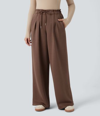 SpacerTek™ Paper Bag High Waisted Drawstring Casual Baggy Pants with Pockets