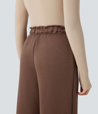 SpacerTek™ Paper Bag High Waisted Drawstring Casual Baggy Pants with Pockets