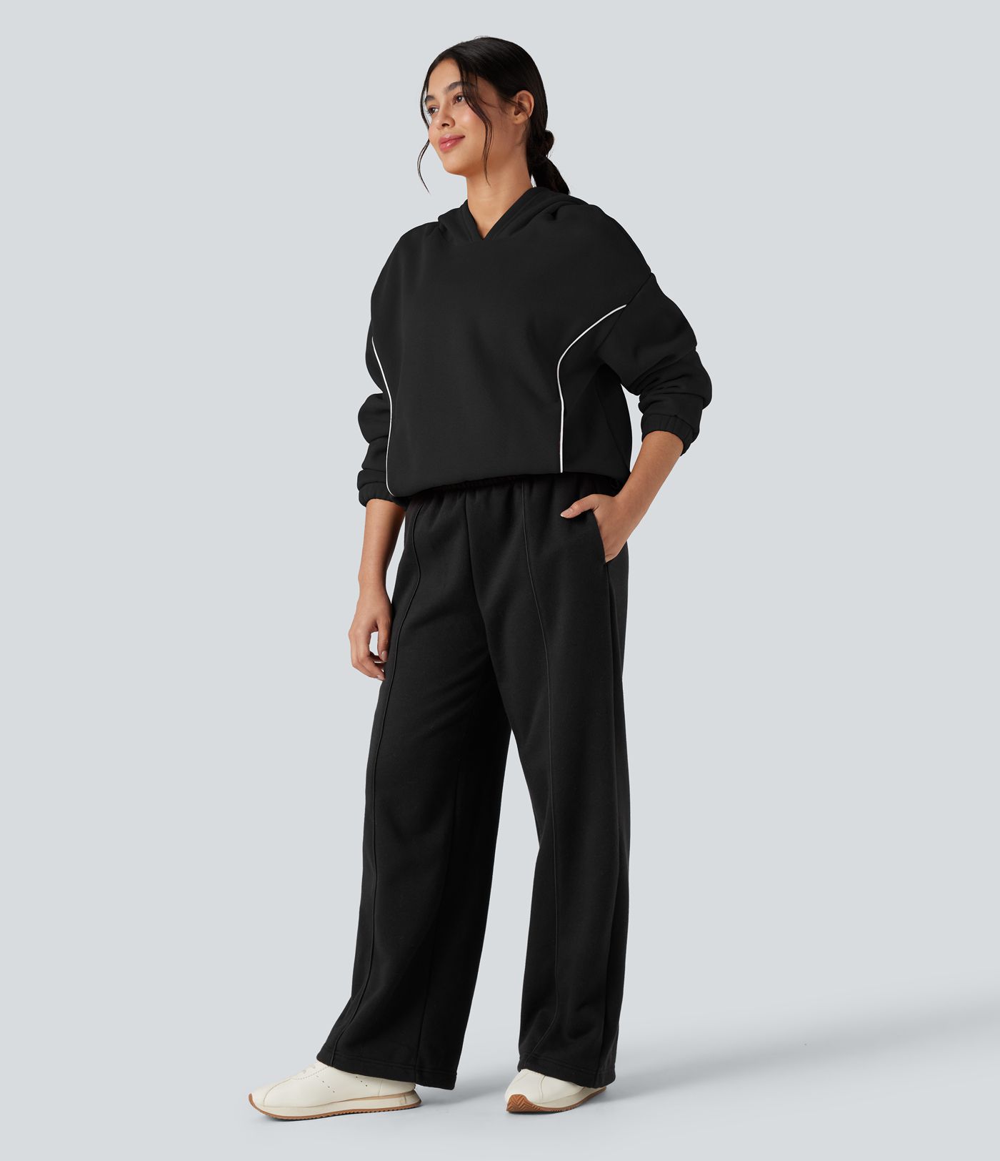 Double Waistband High Waisted Tummy Control Color Block Fleece Casual Wide Leg Trousers with Pockets Double Waistband High Waisted Tummy Control Color Block Fleece Casual Wide Leg Trousers with Pockets