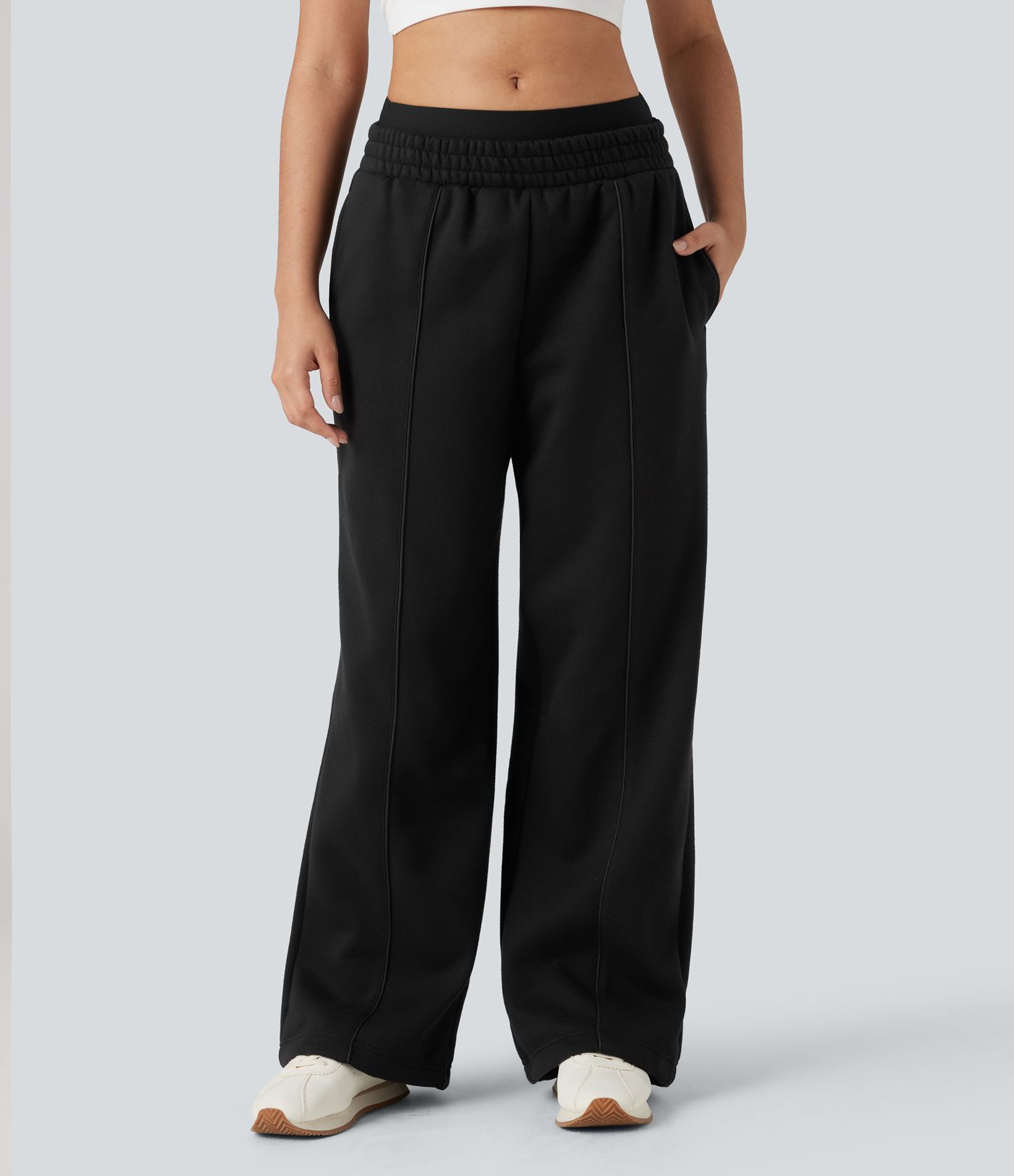 Double Waistband High Waisted Tummy Control Color Block Fleece Casual Wide Leg Trousers with Pockets Double Waistband High Waisted Tummy Control Color Block Fleece Casual Wide Leg Trousers with Pockets