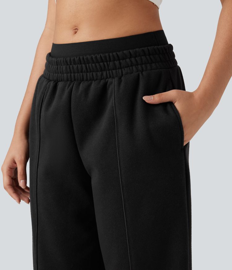 Double Waistband High Waisted Tummy Control Color Block Fleece Casual Wide Leg Trousers with Pockets Double Waistband High Waisted Tummy Control Color Block Fleece Casual Wide Leg Trousers with Pockets