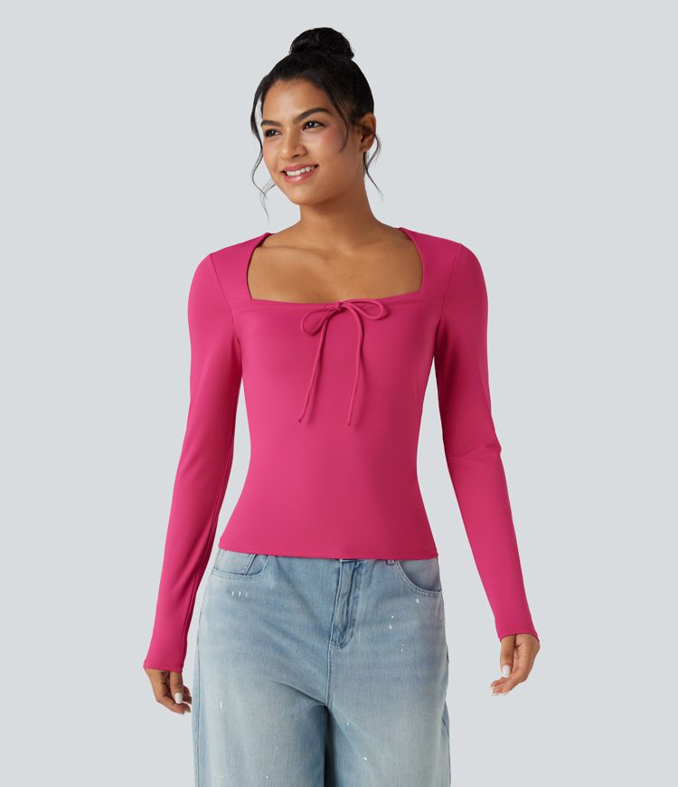 Square Neck Lace Up Long Sleeve Casual Top