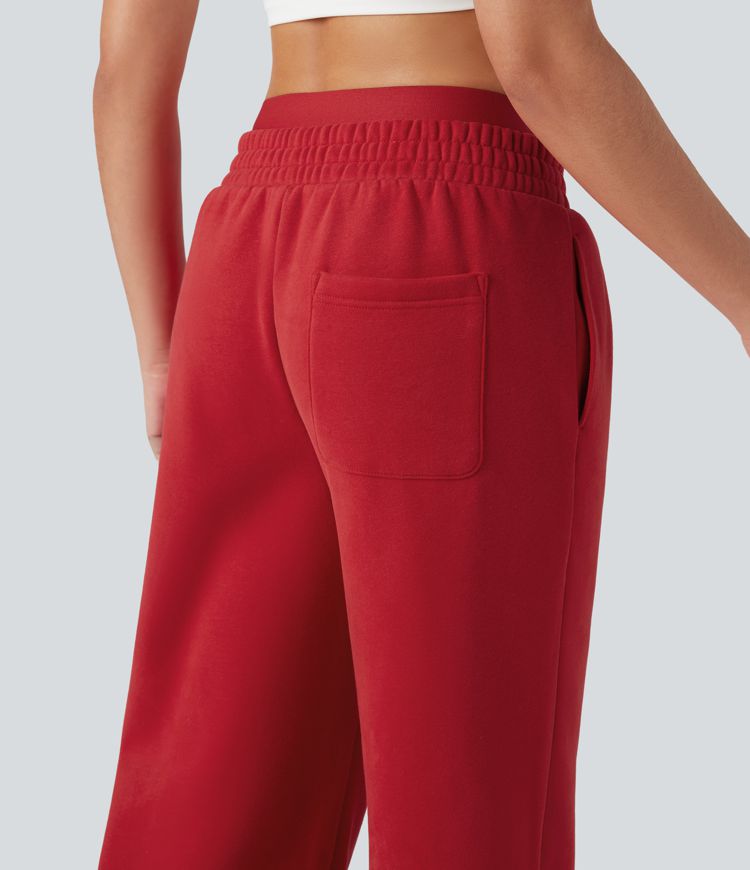 Double Waistband High Waisted Tummy Control Color Block Fleece Casual Wide Leg Pants with Pockets