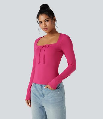Square Neck Lace Up Long Sleeve Casual Top