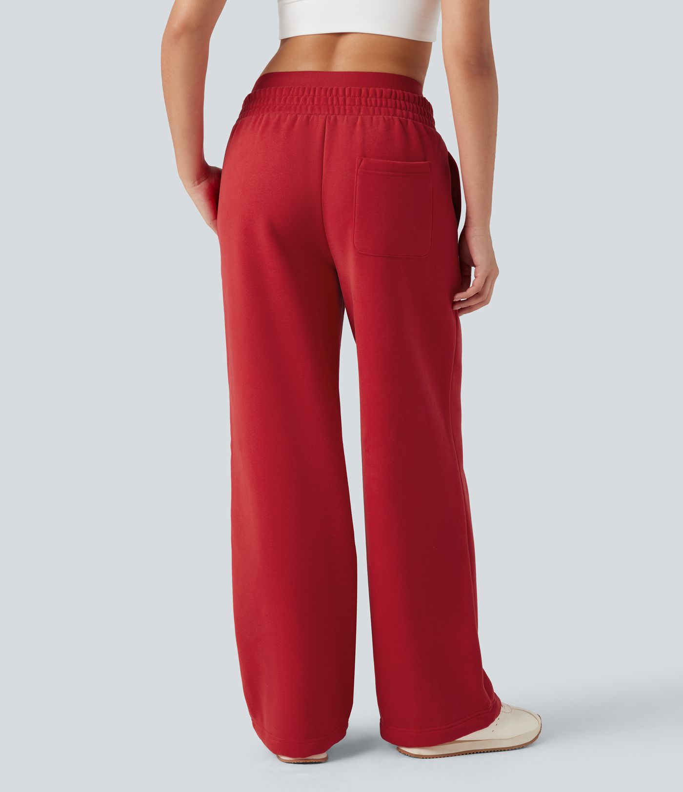 Pantalones anchos de forro polar color block con doble cinturilla, talle alto, control de abdomen, estilo casual y bolsillos.