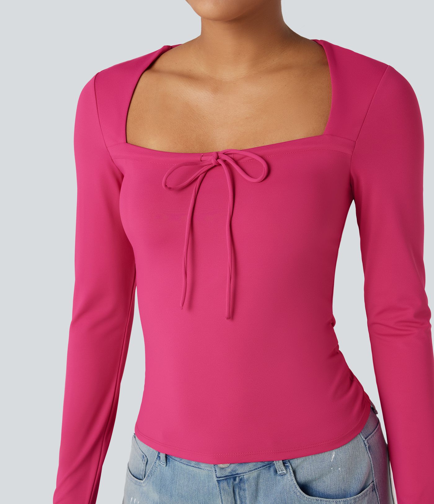 Square Neck Lace Up Long Sleeve Casual Top