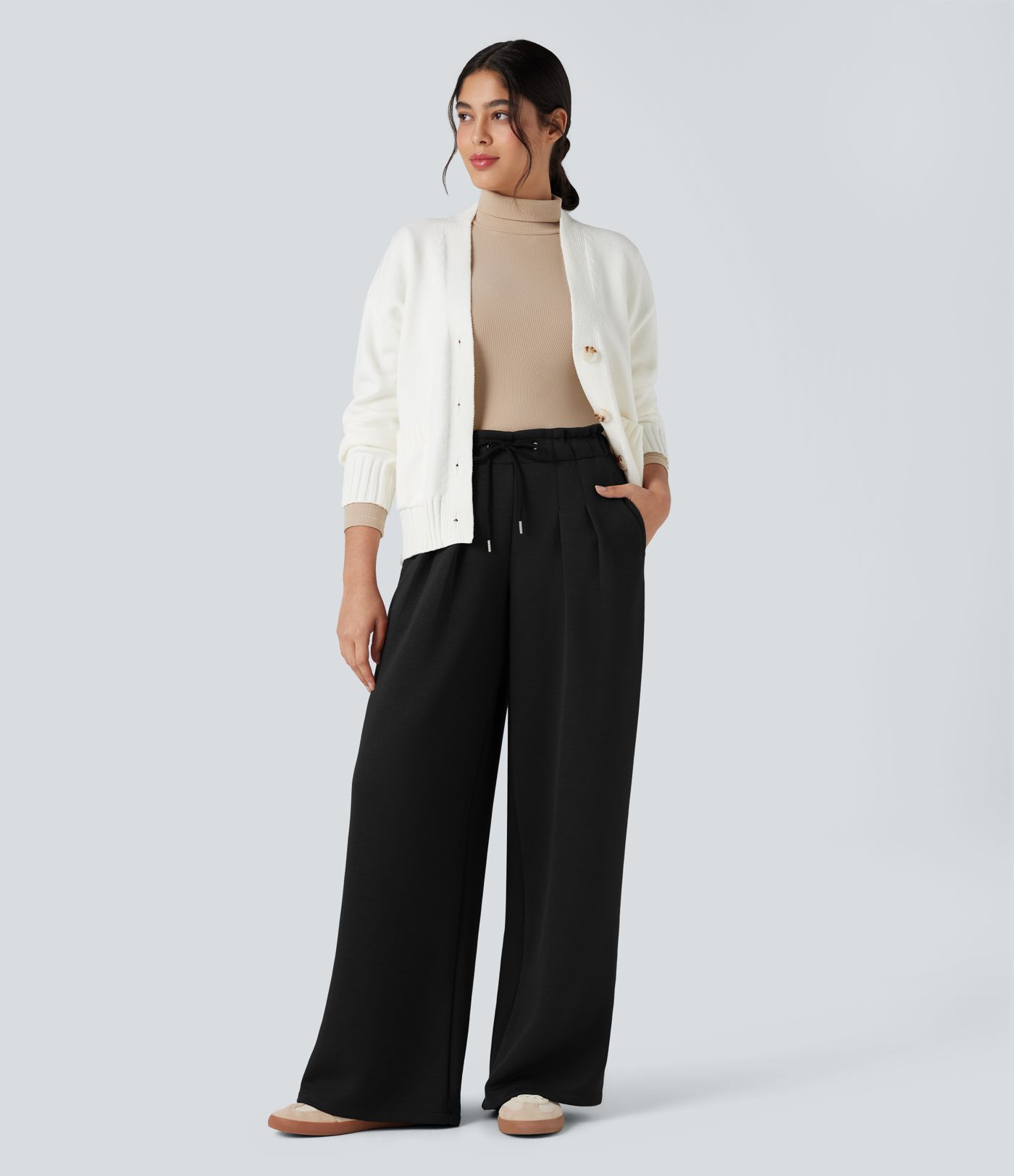 SpacerTek™ Paper Bag High Waisted Drawstring Casual Baggy Pants with Pockets