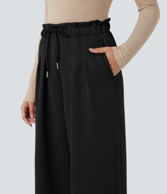 SpacerTek™ Paper Bag High Waisted Drawstring Casual Baggy Pants with Pockets