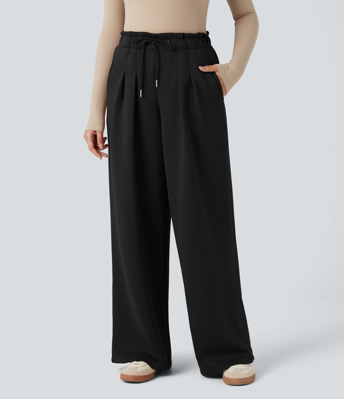 SpacerTek™ Paper Bag High Waisted Drawstring Casual Baggy Pants with Pockets