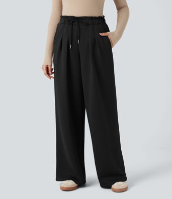 SpacerTek™ Paper Bag High Waisted Drawstring Casual Baggy Pants with Pockets