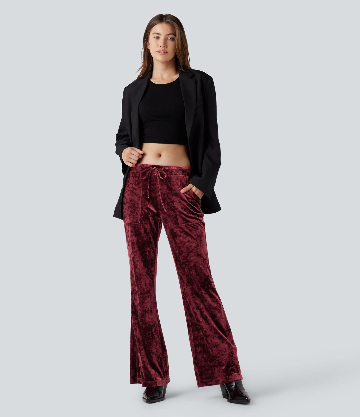 Low Rise Drawstring Velvet Casual Flared Trousers with Pockets