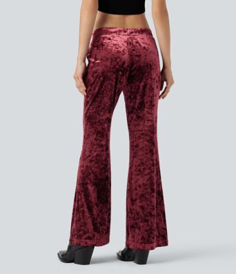 Low Rise Drawstring Velvet Casual Flared Trousers with Pockets