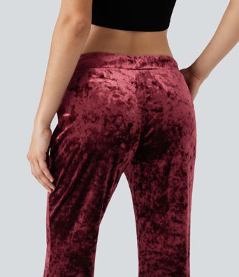 Low Rise Drawstring Velvet Casual Flared Trousers with Pockets