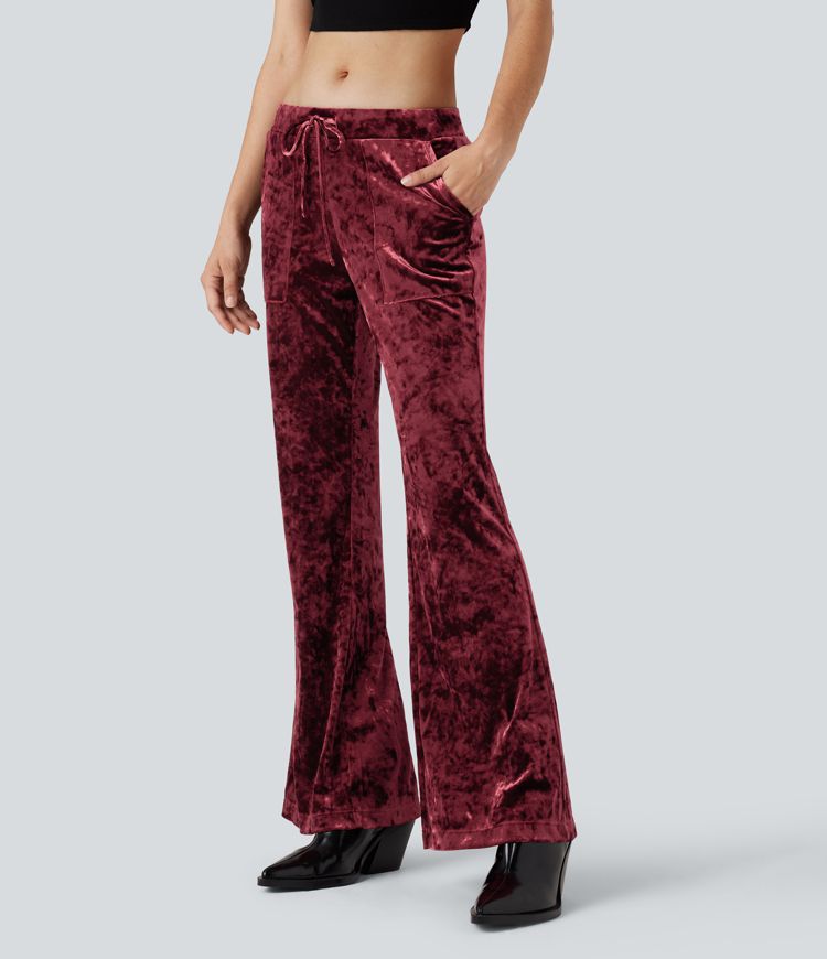 Low Rise Drawstring Velvet Casual Flare Pants with Pockets