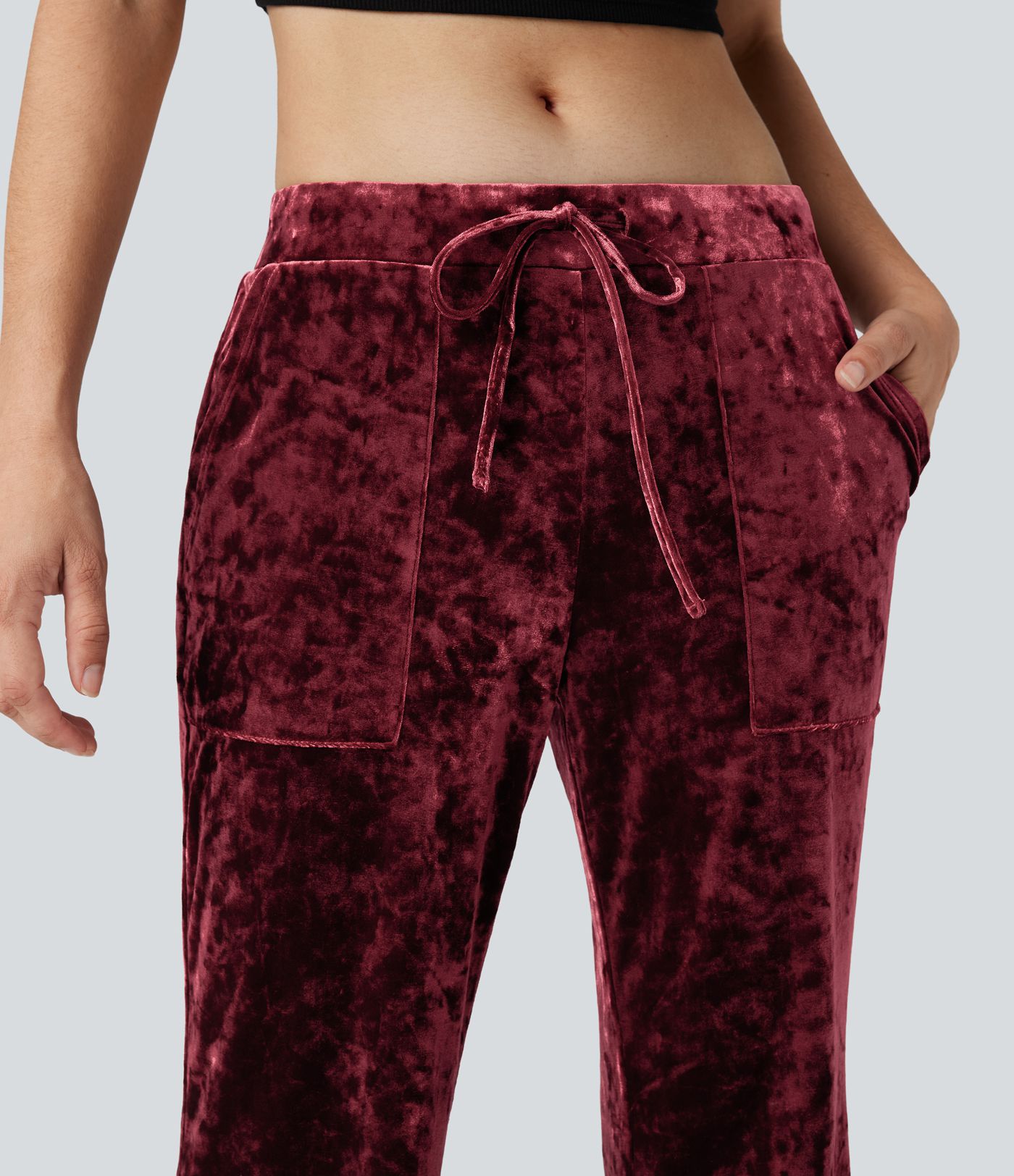 Low Rise Drawstring Velvet Casual Flared Trousers with Pockets