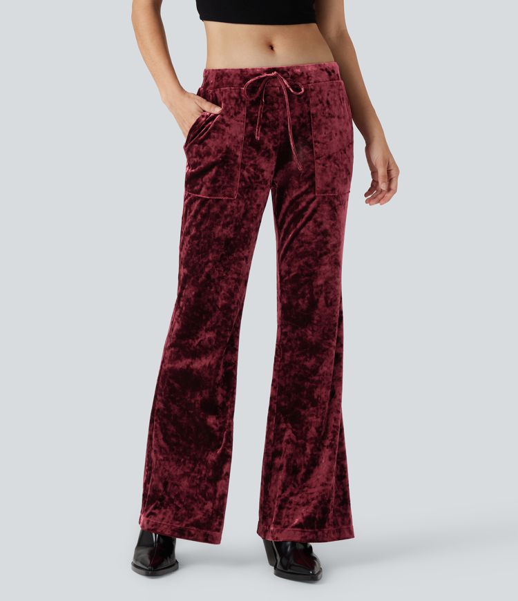 Low Rise Drawstring Velvet Casual Flared Trousers with Pockets