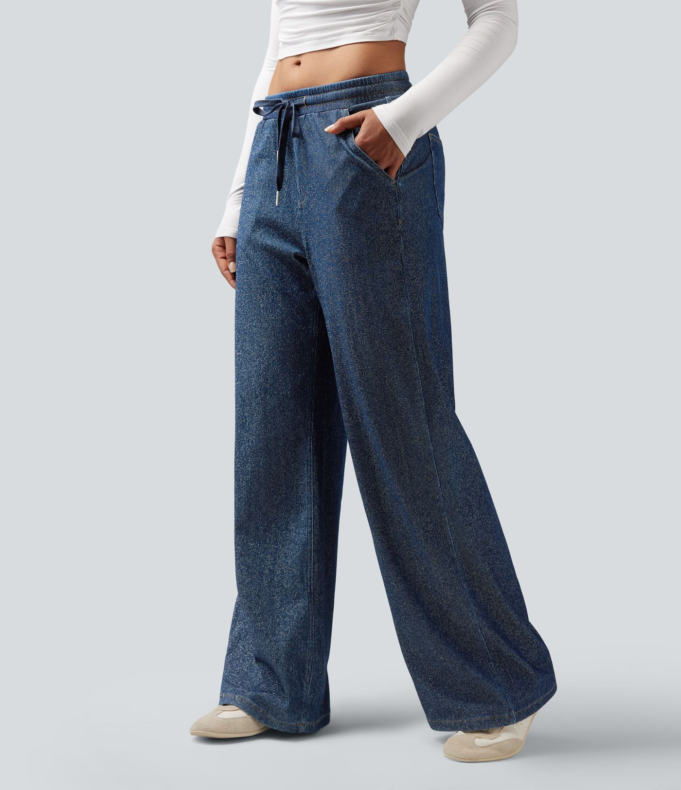 Jeans Casuales Metálicos Halara Flex™ de Tiro Bajo con Cordón, Pierna Ancha y Bolsillos