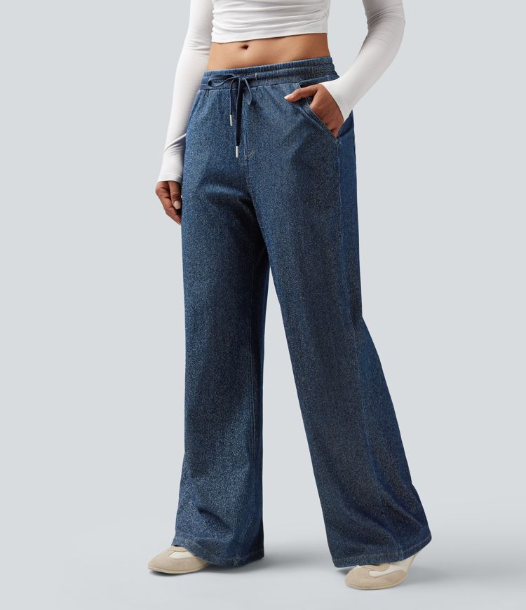 Halara Flex™ Low Rise Drawstring Wide Leg Metallic Casual Sweatpants Jeans with Pockets