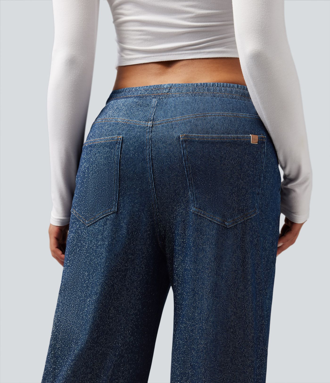 Jeans Casuales Metálicos Halara Flex™ de Tiro Bajo con Cordón, Pierna Ancha y Bolsillos