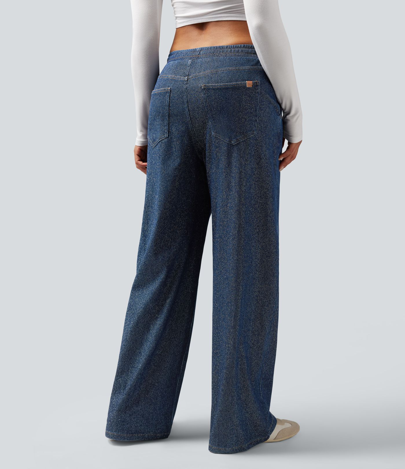 Jeans Casuales Metálicos Halara Flex™ de Tiro Bajo con Cordón, Pierna Ancha y Bolsillos