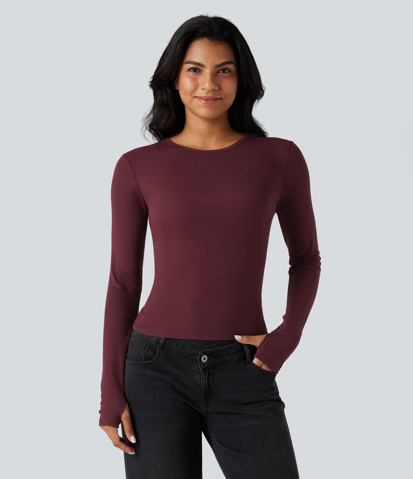 Round Neck Long Sleeve Thumb Holes Casual Wool-Blend Top