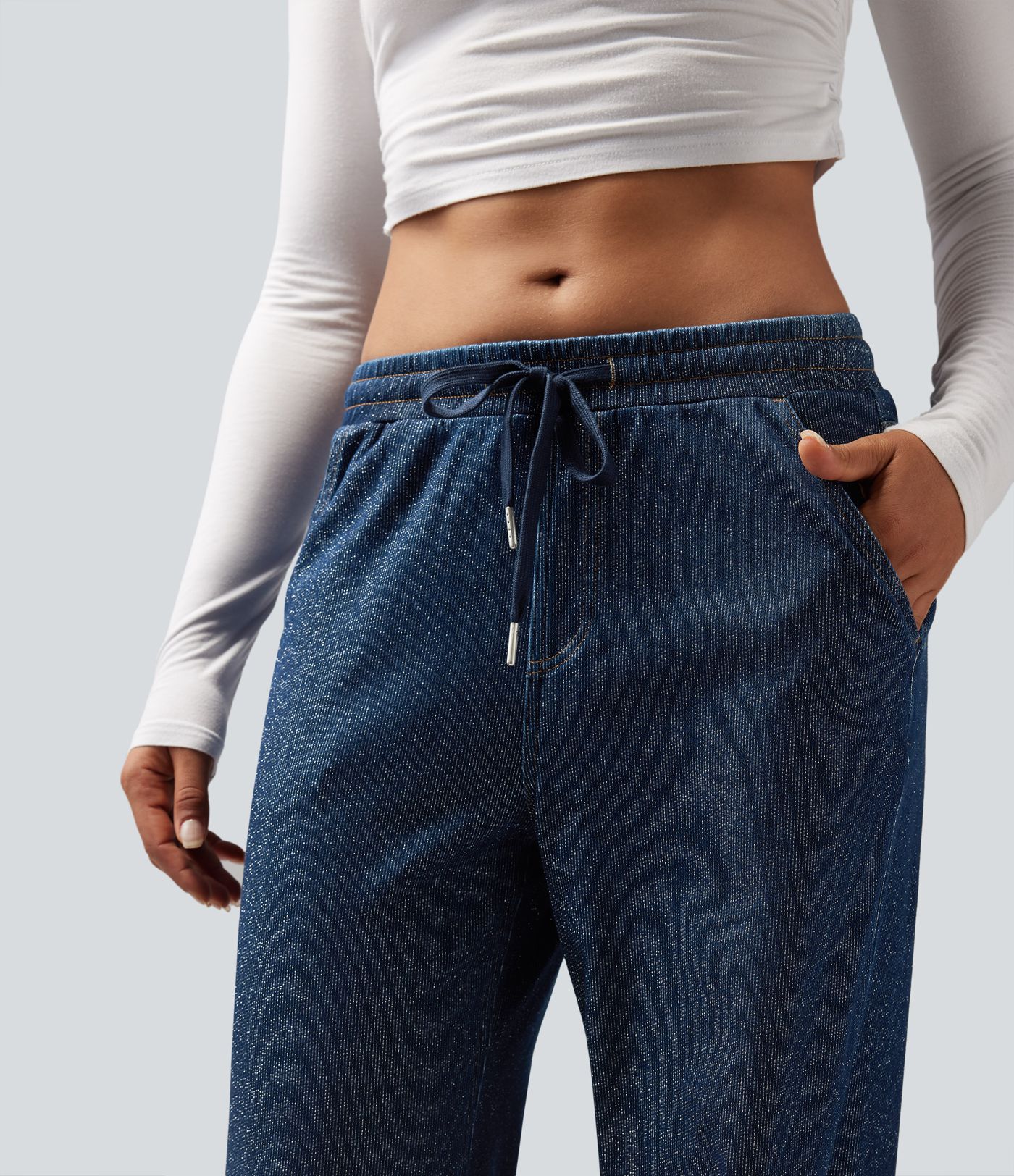 Jeans Casuales Metálicos Halara Flex™ de Tiro Bajo con Cordón, Pierna Ancha y Bolsillos