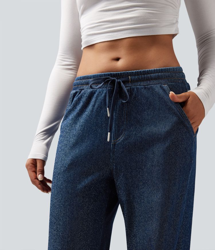 Halara Flex™ Low Rise Drawstring Wide Leg Metallic Casual Sweatpants Jeans with Pockets
