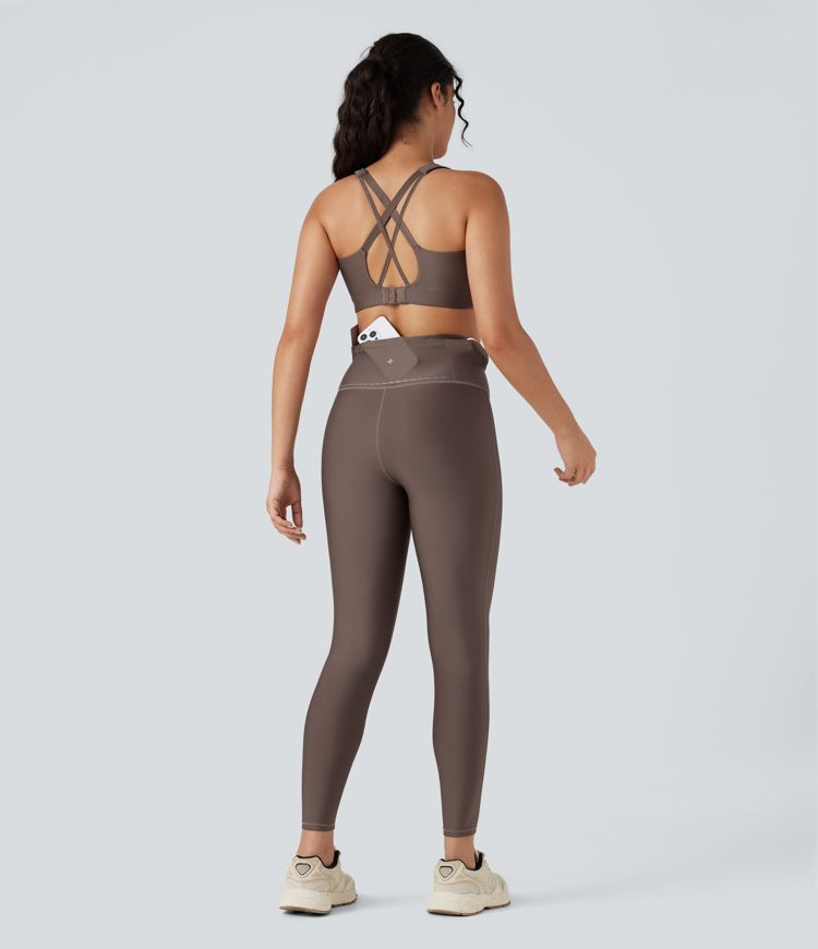 High Waisted Sheen Running Leggings with Pockets-Knee Support