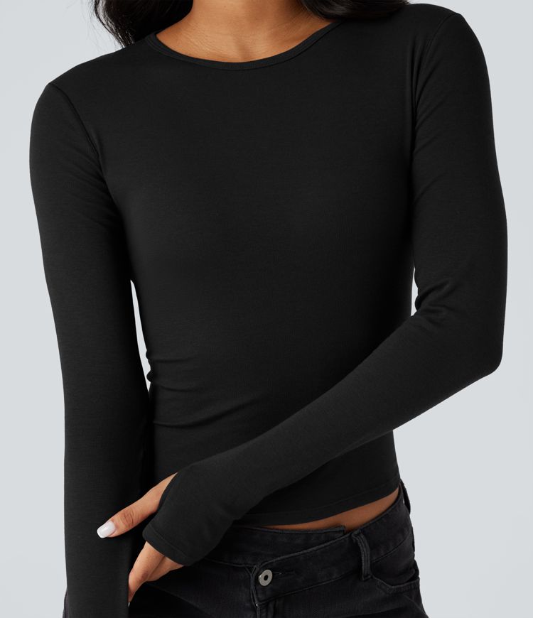 Round Neck Long Sleeve Thumb Holes Casual Wool-Blend Top
